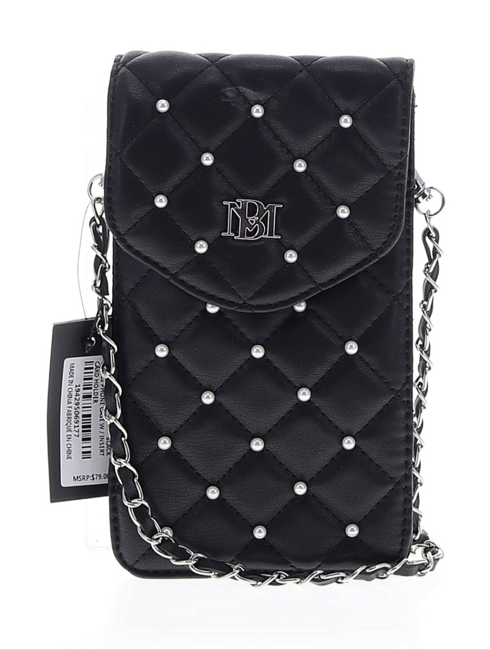 BADGLEY MISCHKA Black Phone Case Wallet W/ Strap Quilted Pearls Vegan Leather